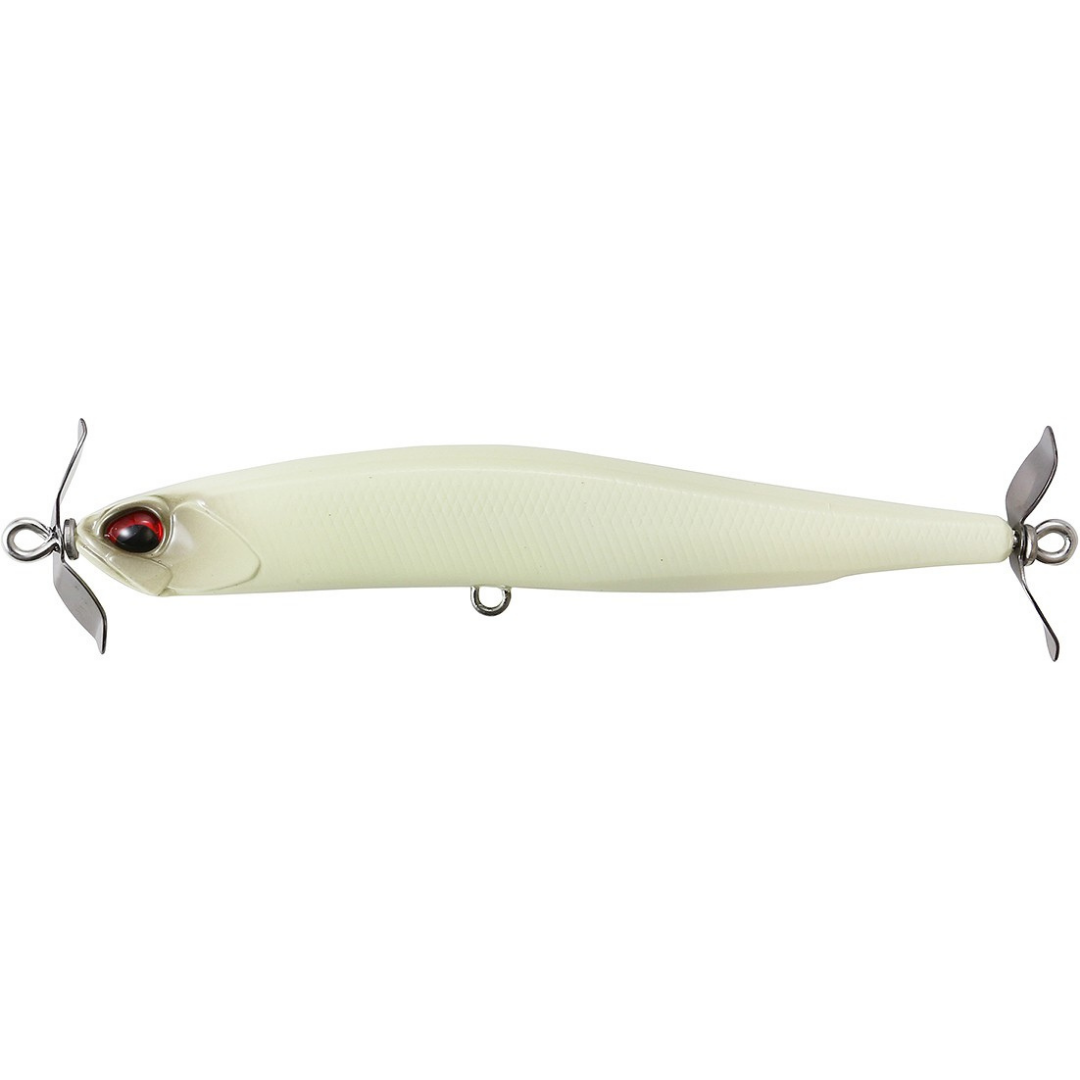 Duo Realis SpinBait 80 white topwater fishing lure with red eye and metal propeller blades for freshwater fishing tackle