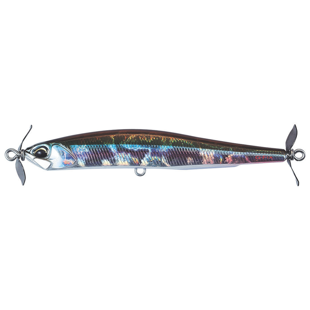 Duo Realis SpinBait 80 fishing lure with blue and silver holographic body and propeller blades for freshwater fishing tackle