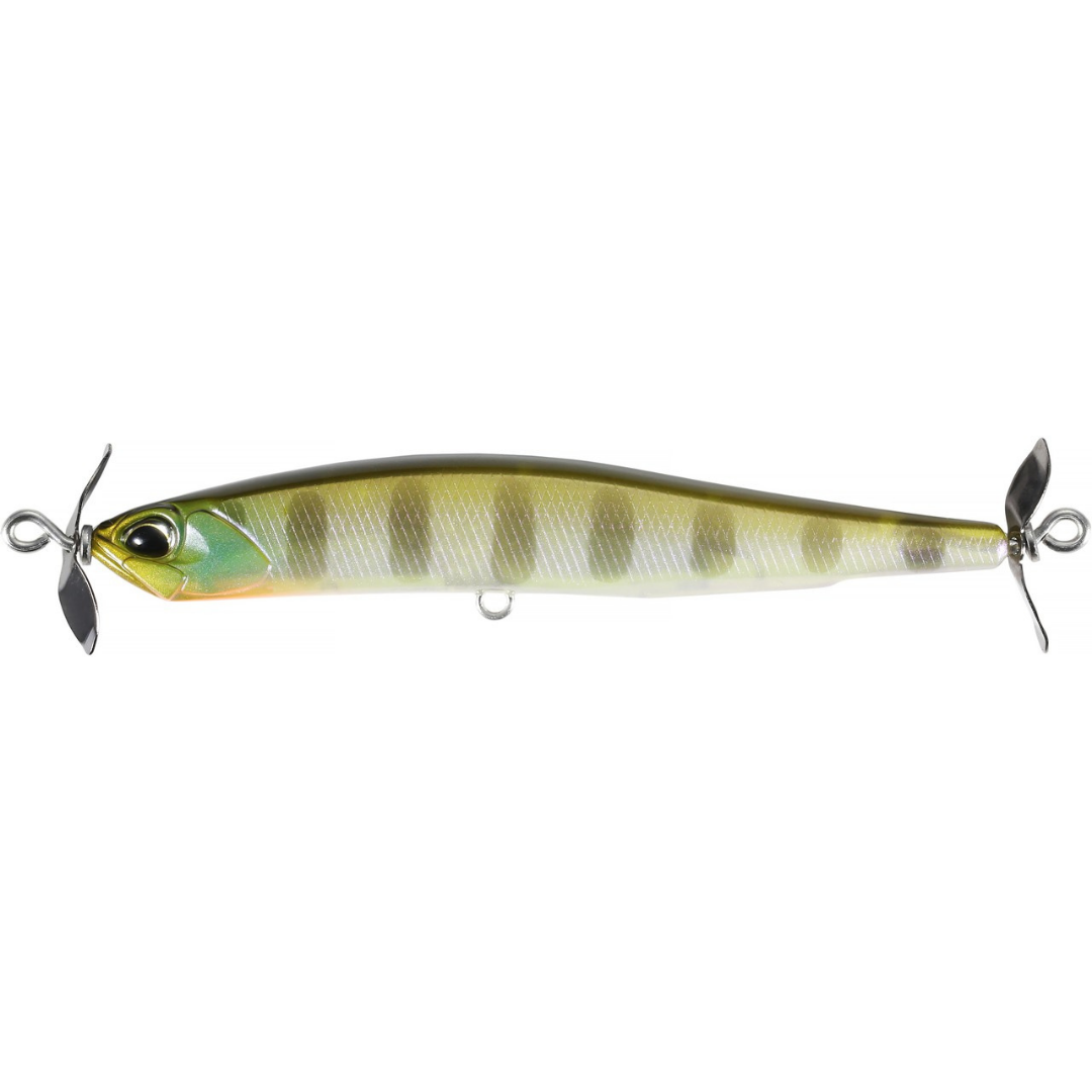 Duo Realis SpinBait 80 fishing lure with a green and silver baitfish pattern and propellers at both ends for surface fishing action