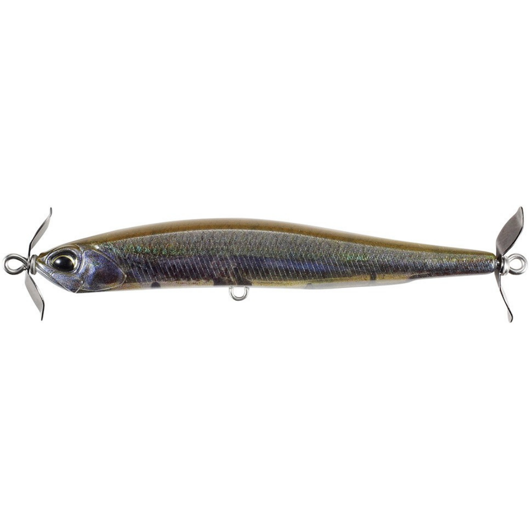 Duo Realis SpinBait 80 fishing lure with a realistic blue gray minnow profile dual metal propellers and treble hook for freshwater fishing tackle