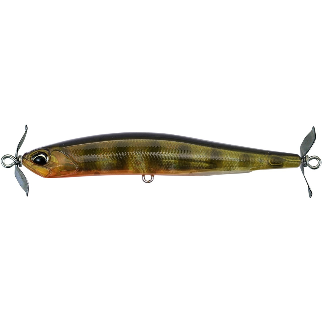 Duo Realis SpinBait 80 fishing lure with an elongated olive gold minnow profile reflective scales and metal propeller blades at both ends for fishing tackle