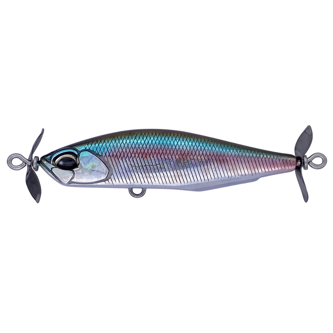 Duo Realis SpinBait 62 Alpha fishing lure with metallic blue scale pattern and propeller blades at both ends for musky fishing tackle