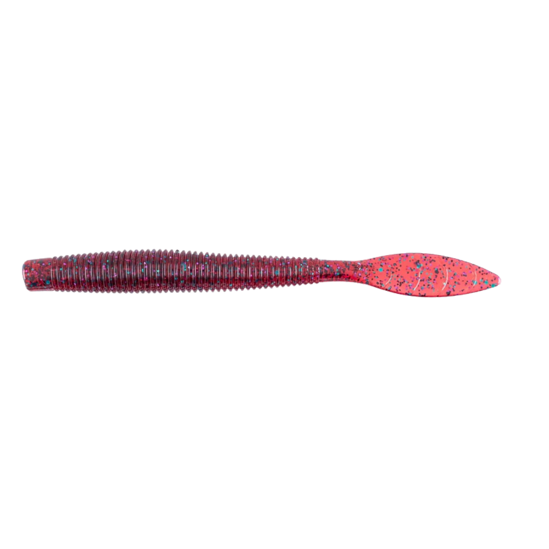 Missile Baits Quiver soft fishing lure in red with blue and black speckles, designed for musky fishing and effective for attracting large fish in freshwater.