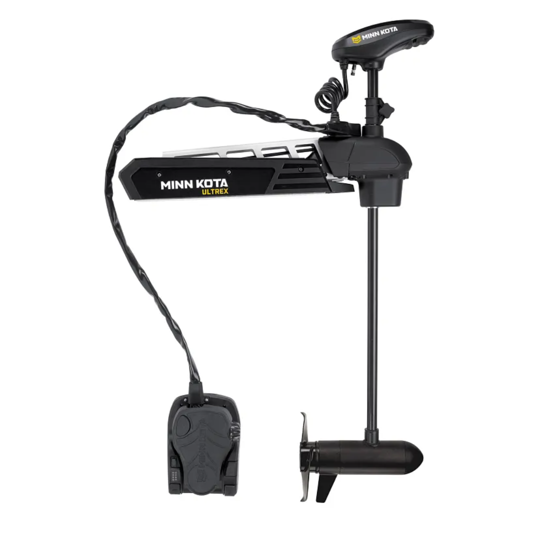 Minn Kota Ultrex 80/52" black electric trolling motor with coiled power cable, motor shaft, propeller, and control unit designed for precision marine navigation and fishing.