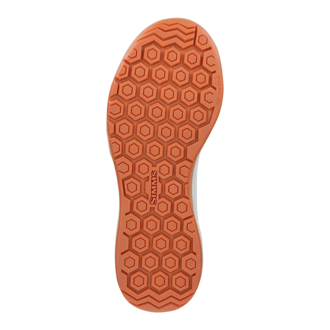 Simms Flats Sneaker - Men's orange rubber sole with hexagonal tread pattern designed for traction on wet surfaces, suitable for fishing and outdoor activities.