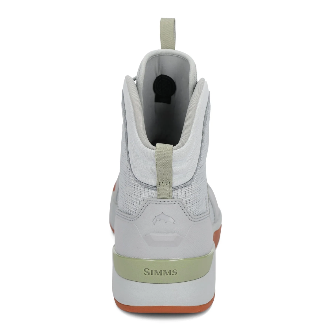 Simms Flats Sneaker - Men's shown from the back, featuring a high-top design with light gray mesh and fabric upper, pull tab on the heel, and gum rubber outsole for slip resistance.
