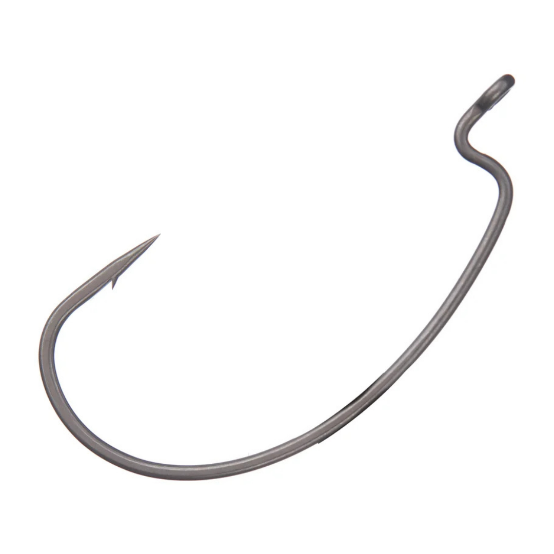 Shop All Ryugi Japan Ryugi Infini Offset Wide Gap Worm Hook shown as a single dark metal fishing tackle hook with curved shank and sharp offset point