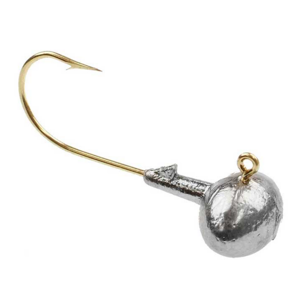 Close-up image of a single fishing jig head featuring a shiny, rounded lead head with an attached gold-colored hook, representing the Do-it Molds Football Jig Mold used for fishing tackle.