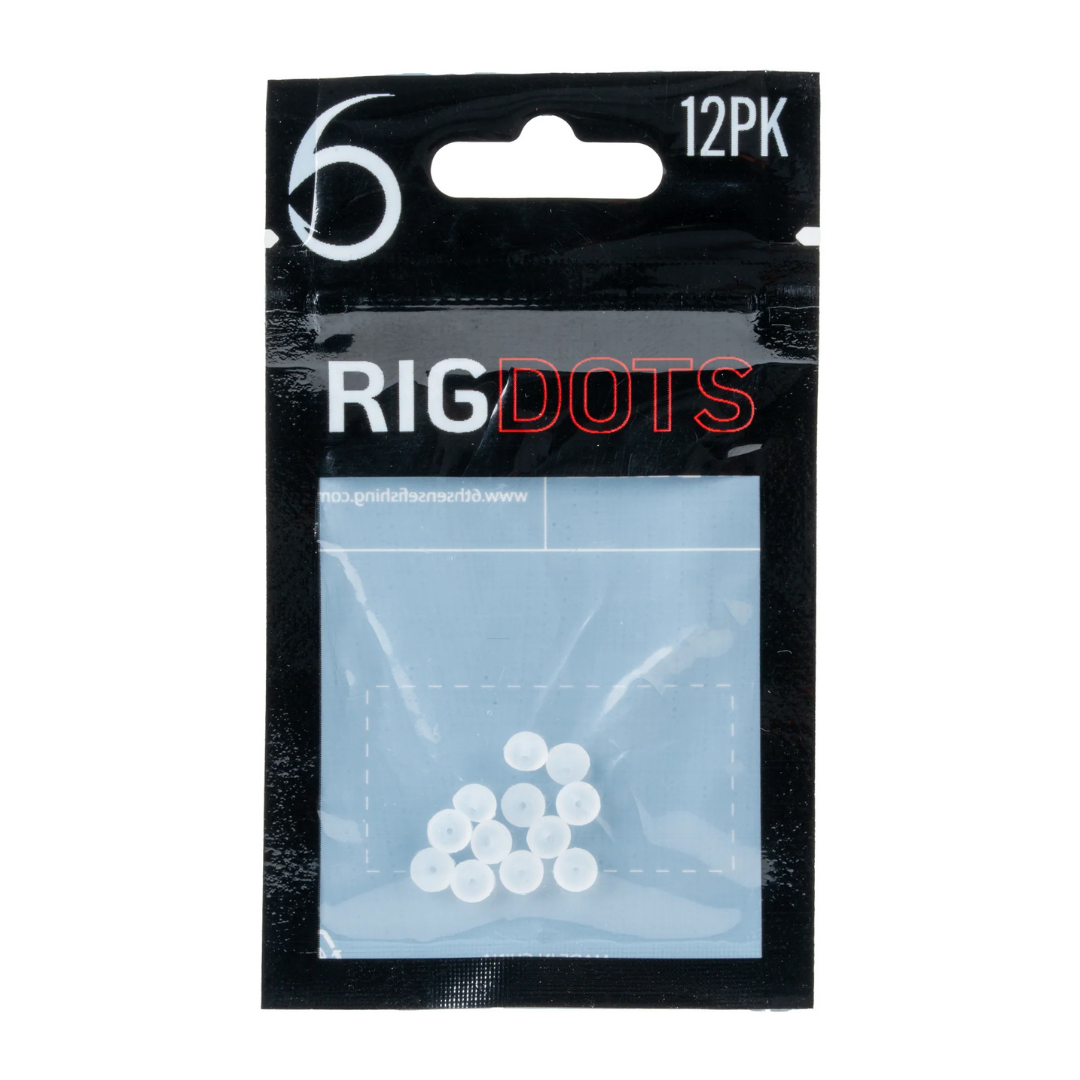 Package of 6th Sense Rigging Dots in a clear and black resealable bag displaying small white round fishing tackle accessories.