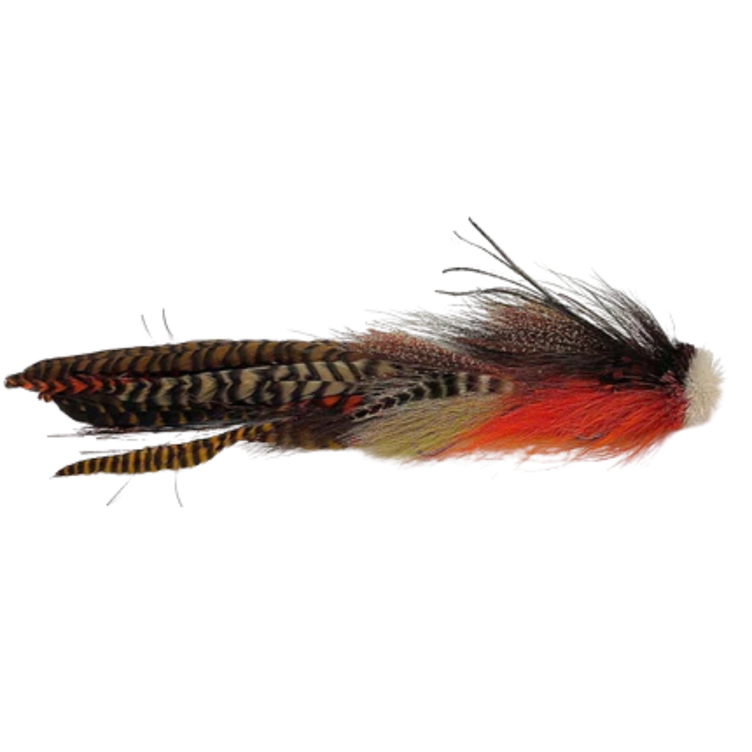 Double Buford Urban Fly Co. fishing lure featuring layered feathers in black, brown, orange, and cream colors designed for fly fishing and fishing tackle enthusiasts.