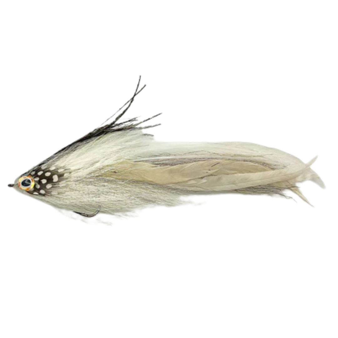 Single Minnow Urban Fly Co. fishing lure designed with natural feathers in white and black tones, featuring realistic eyes and a subtle hook for musky and fly fishing tackle.