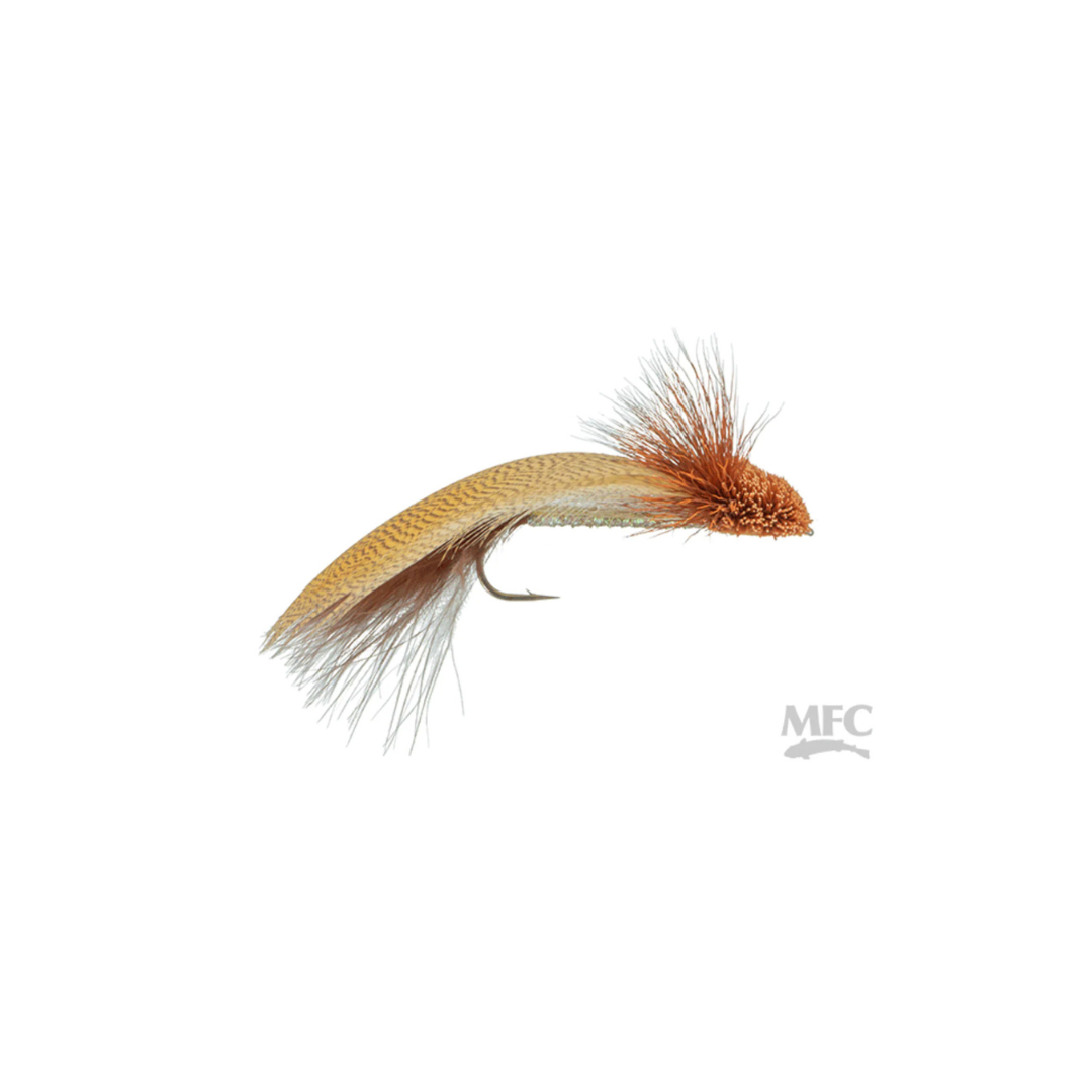 Galloup's Zoo Cougar #4 fishing lure with a curved hook, brown and tan feathers, and textured orange head designed for fly fishing.