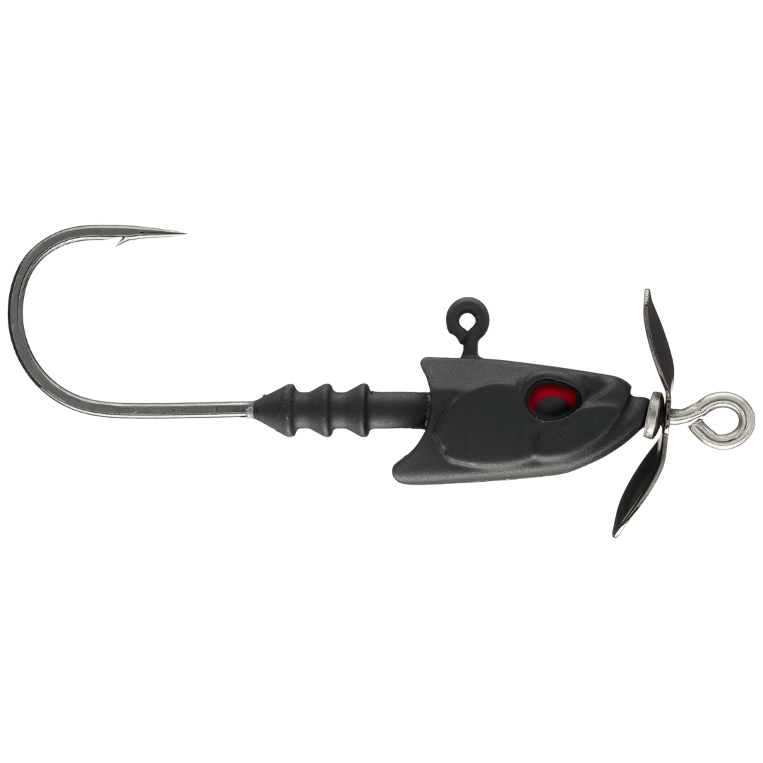 Duo Realis Freestyle Head black fishing lure head with a large curved hook red eye twin metal blades and line tie for fishing tackle