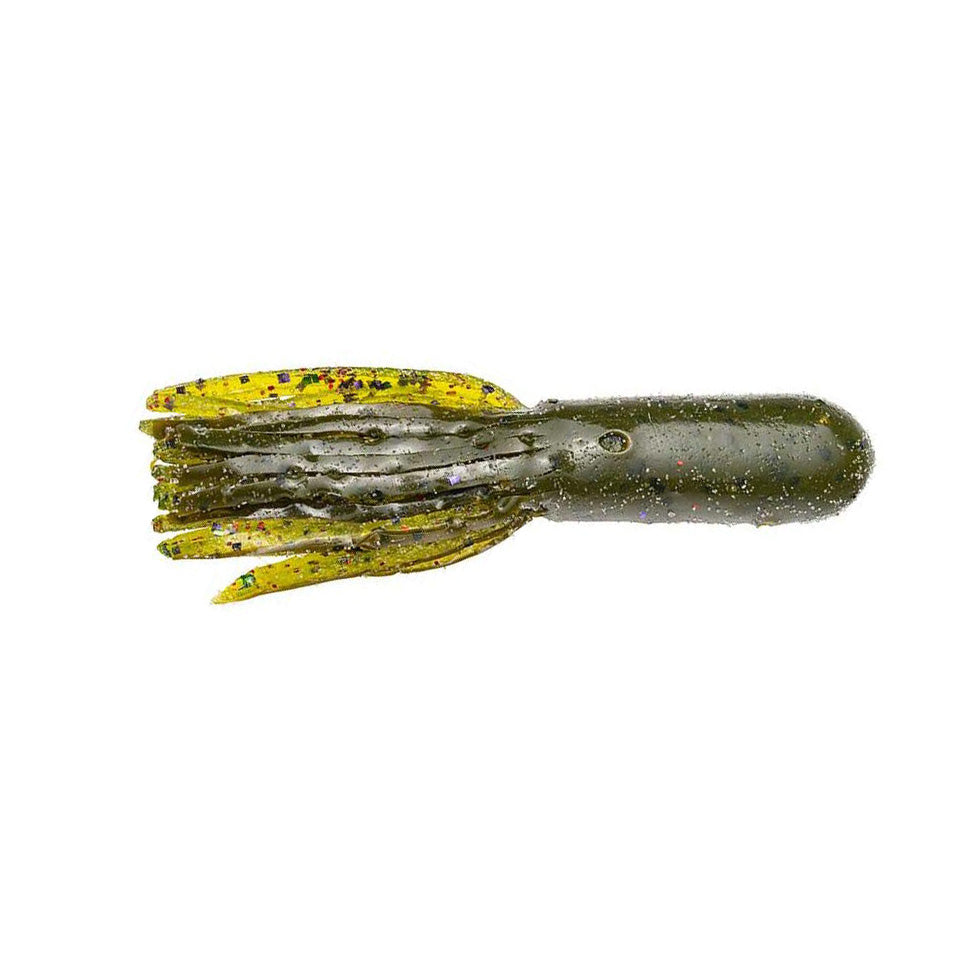 Strike King Fat Coffee Tube fishing lure in green and yellow with a soft, segmented body designed to mimic a squid or crawfish for effective fishing tackle use.