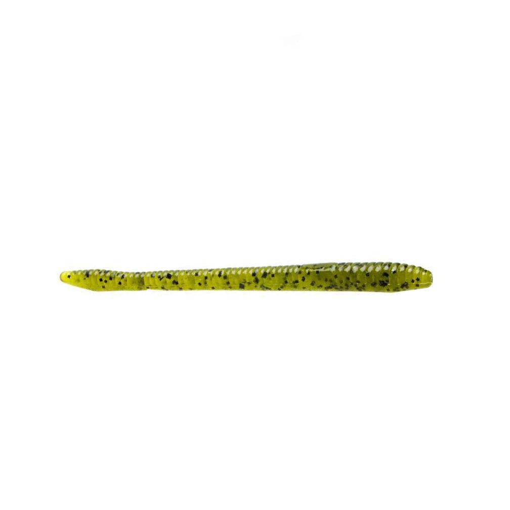 Zoom Finesse Worm fishing lure in translucent green with black specks, designed for finesse fishing techniques and effective as fishing tackle for freshwater species.