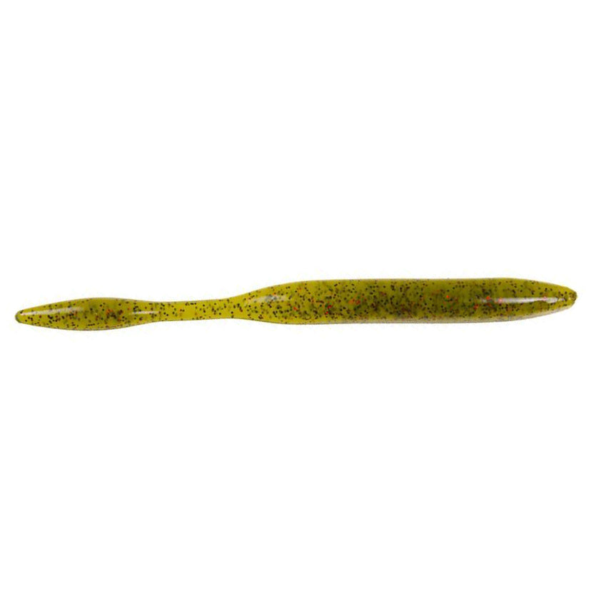 Green and red speckled soft plastic fishing lure with slender tapered body and paddle tail, designed for effective water movement, Strike King KVD Perfect Plastics Dream Shot.