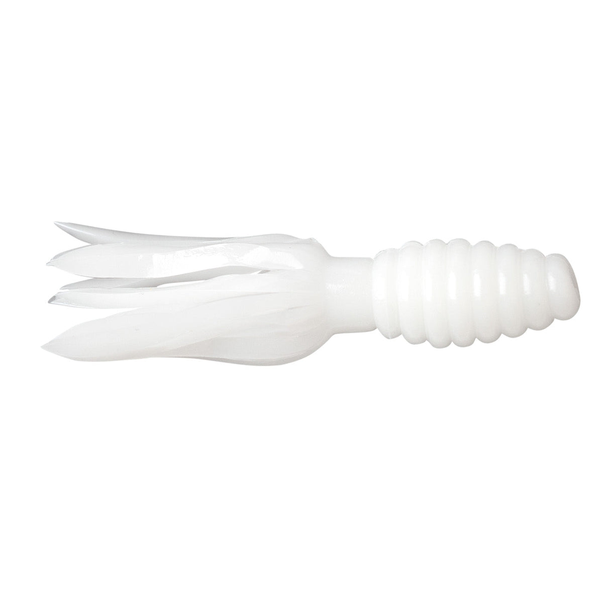 Strike King Mr. Crappie Thunder Tube Bait in solid white, soft plastic fishing lure with ribbed body and multiple tail appendages designed for lifelike movement in water.