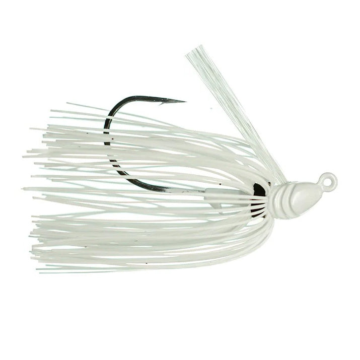 White fishing lure with a single black hook and flexible skirt strands, designed for freshwater fishing, shown as the Dirty Jigs Weekender Swim Jig.