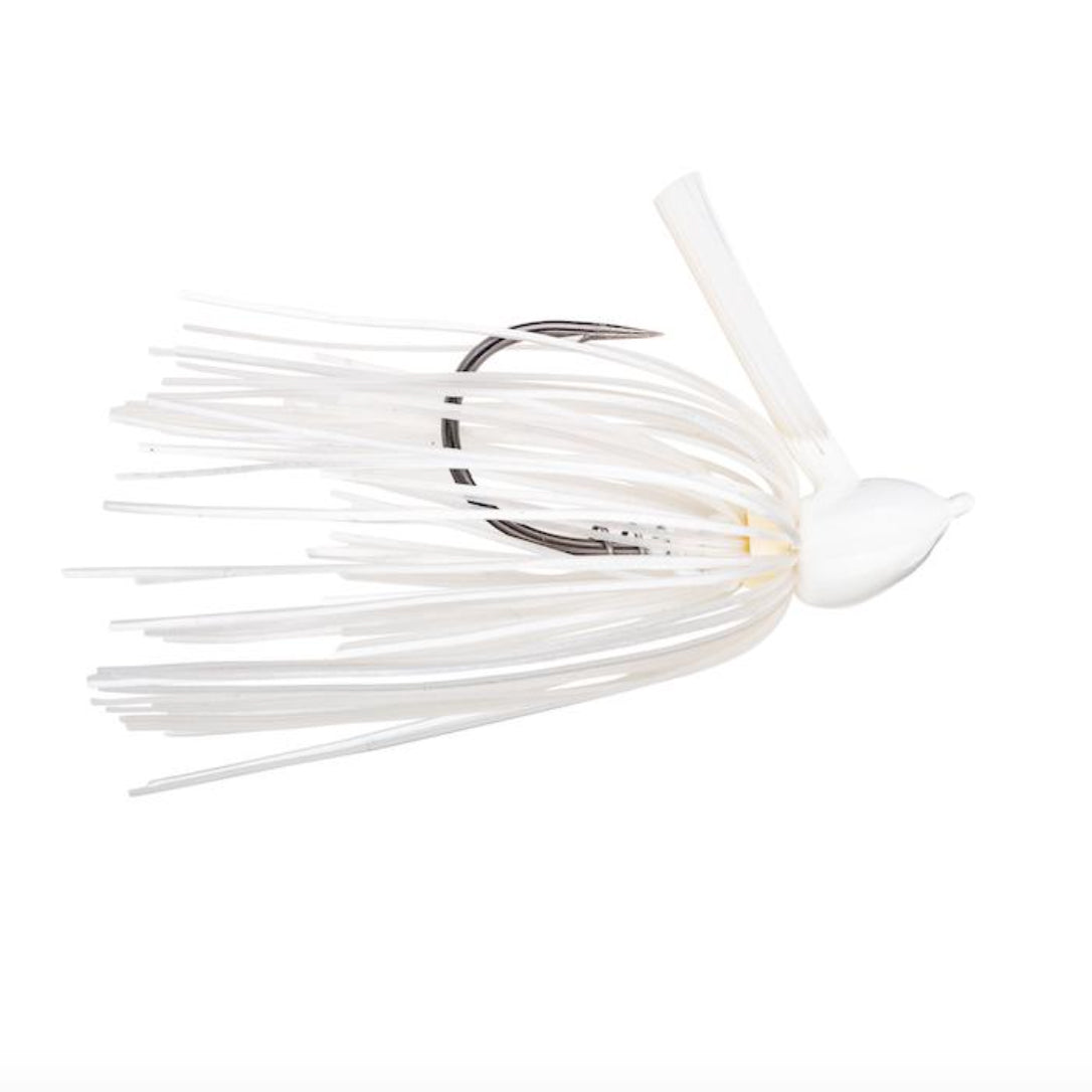 Strike King Hack Attack Fluoro Flipping Jig in white with a sharp hook and flexible skirt designed for musky and ice fishing tackle applications.