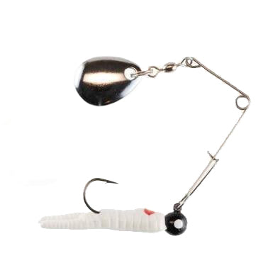 Johnson Fishing Lures Beetle Spin Jig featuring a silver spinner blade, a black jig head with a red eye detail, and a white soft plastic tail with a single fishing hook.