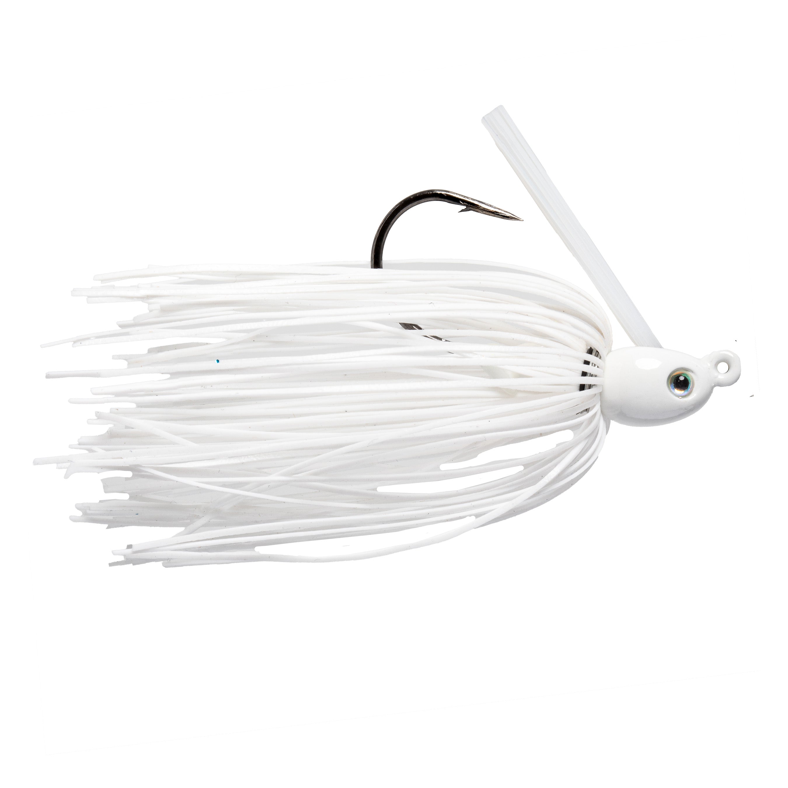 Strike King Tour Grade Tungsten Compact Swim Jig with a white skirt, detailed head design, and sharp hook for effective fishing tackle use.