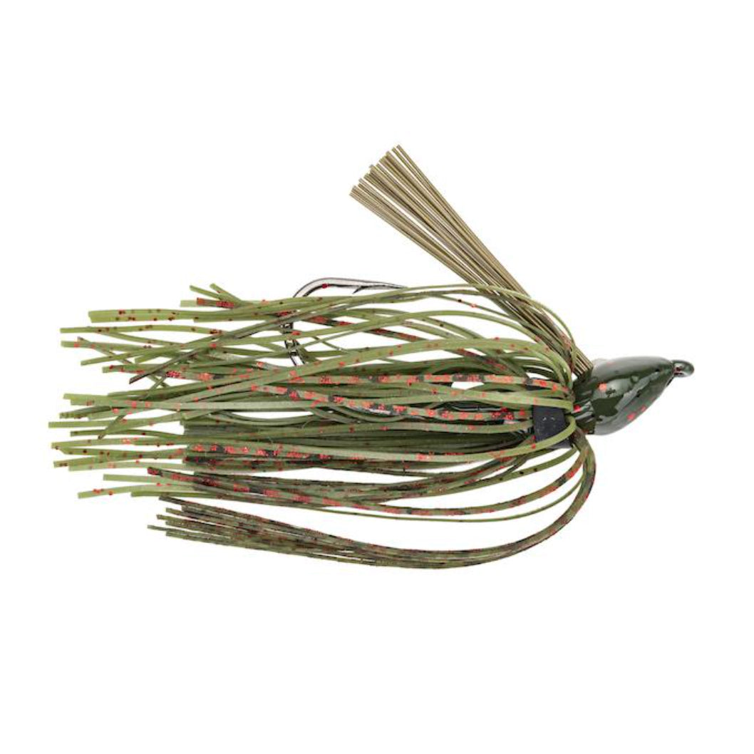Strike King Denny Brauer Baby Structure Jig fishing lure in green with red flecks, featuring a detailed skirt and weed guard designed for freshwater fishing tackle.