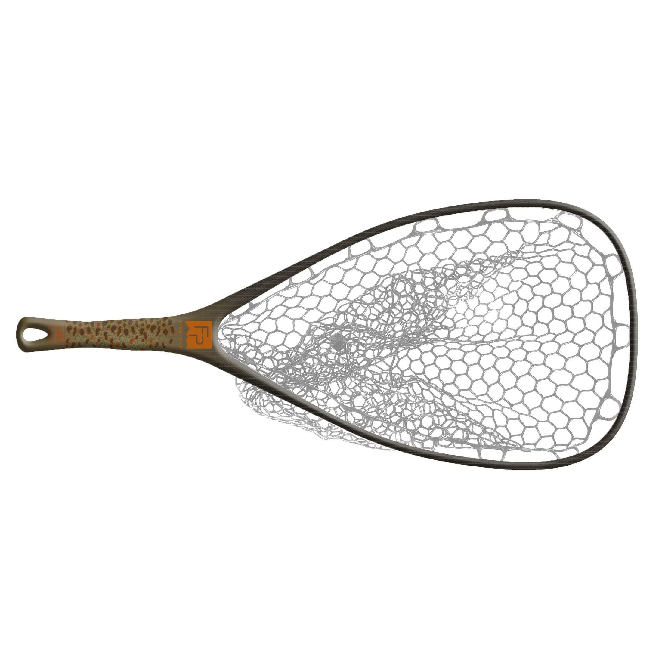 Fishpond Yampa Hand Net 2.0 with a textured brown handle and a large clear rubber mesh net, designed for fishing tackle and safely landing fish.