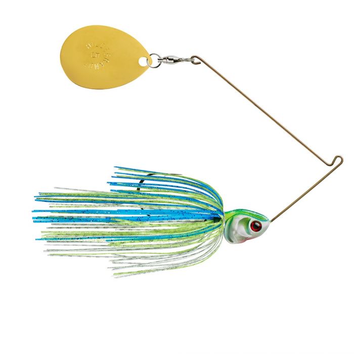 Booyah Covert Single Colorado Spinnerbait with a blue and green skirt, detailed fish head, and a single gold Colorado blade designed for fishing tackle use.