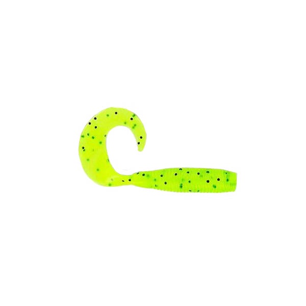 Yamamoto Single Tail Grub fishing lure in bright chartreuse green with black flecks, featuring a curled soft plastic tail designed for lifelike movement in water.