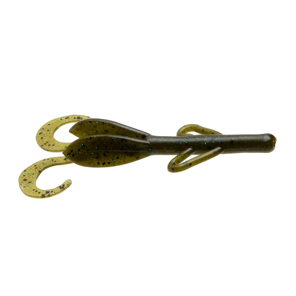 Zoom Baby Brush Hog fishing lure in greenish color with black speckles, featuring soft plastic body and multiple curved appendages for lifelike movement.