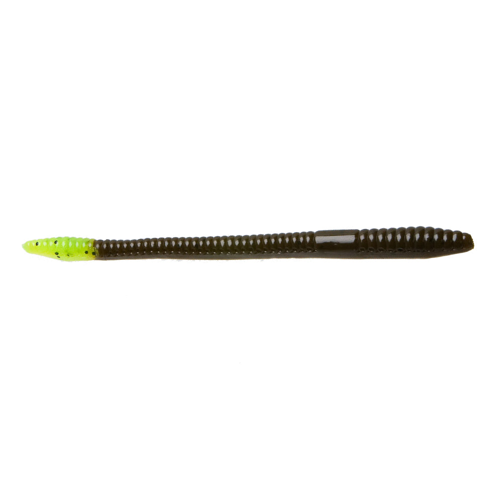 Zoom Finesse Worm soft plastic fishing lure in dark brown with a chartreuse tip, featuring a ribbed body designed for finesse fishing techniques.