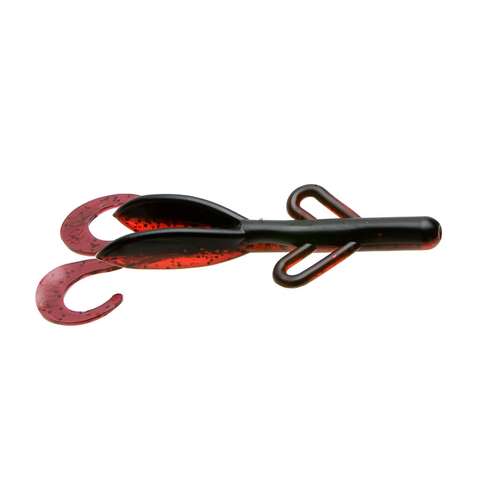 Zoom Baby Brush Hog fishing lure in black and red with soft plastic body, multiple curly tails, and paddle-like appendages designed for attractive movement in water.