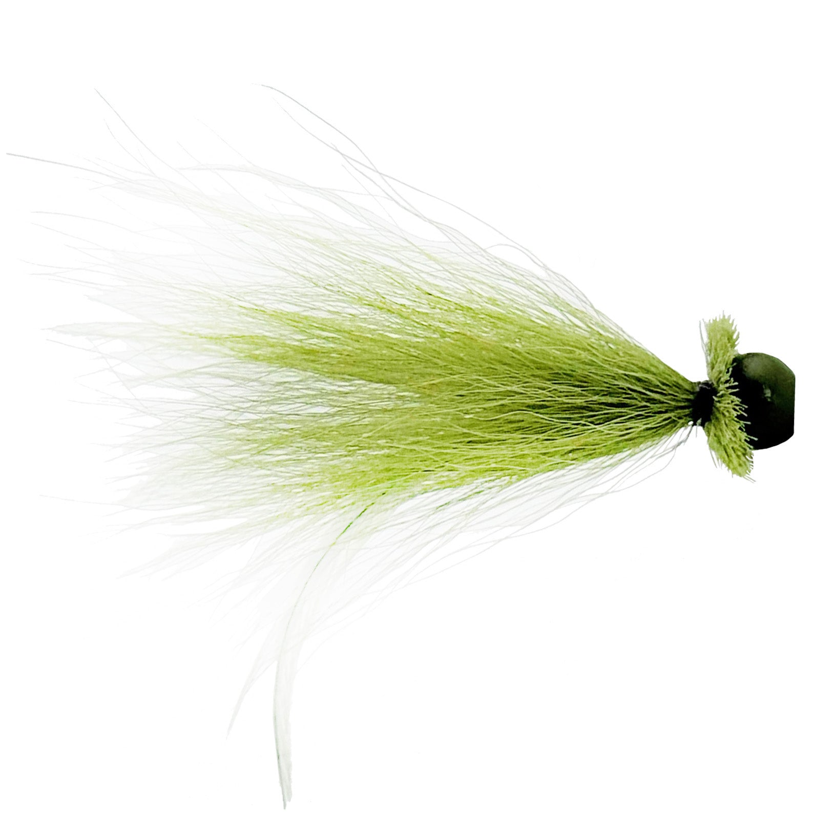 Outkast Tackle Ned Bug fishing lure with olive green marabou feathers and a weighted head, designed for effective freshwater fishing tackle.