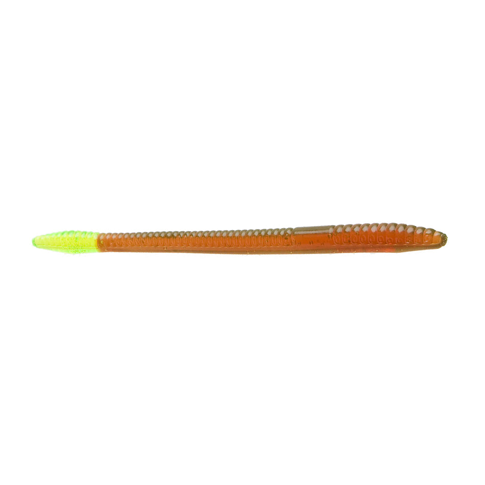 Zoom Finesse Worm fishing lure in brown with a bright yellow-green tip, designed for precision fishing tackle and effective bait presentation.