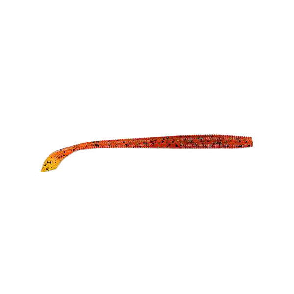 Yamamoto Kut Tail Worm 5" fishing lure in orange and black speckled design, soft plastic with a paddle tail for lifelike action in the water.