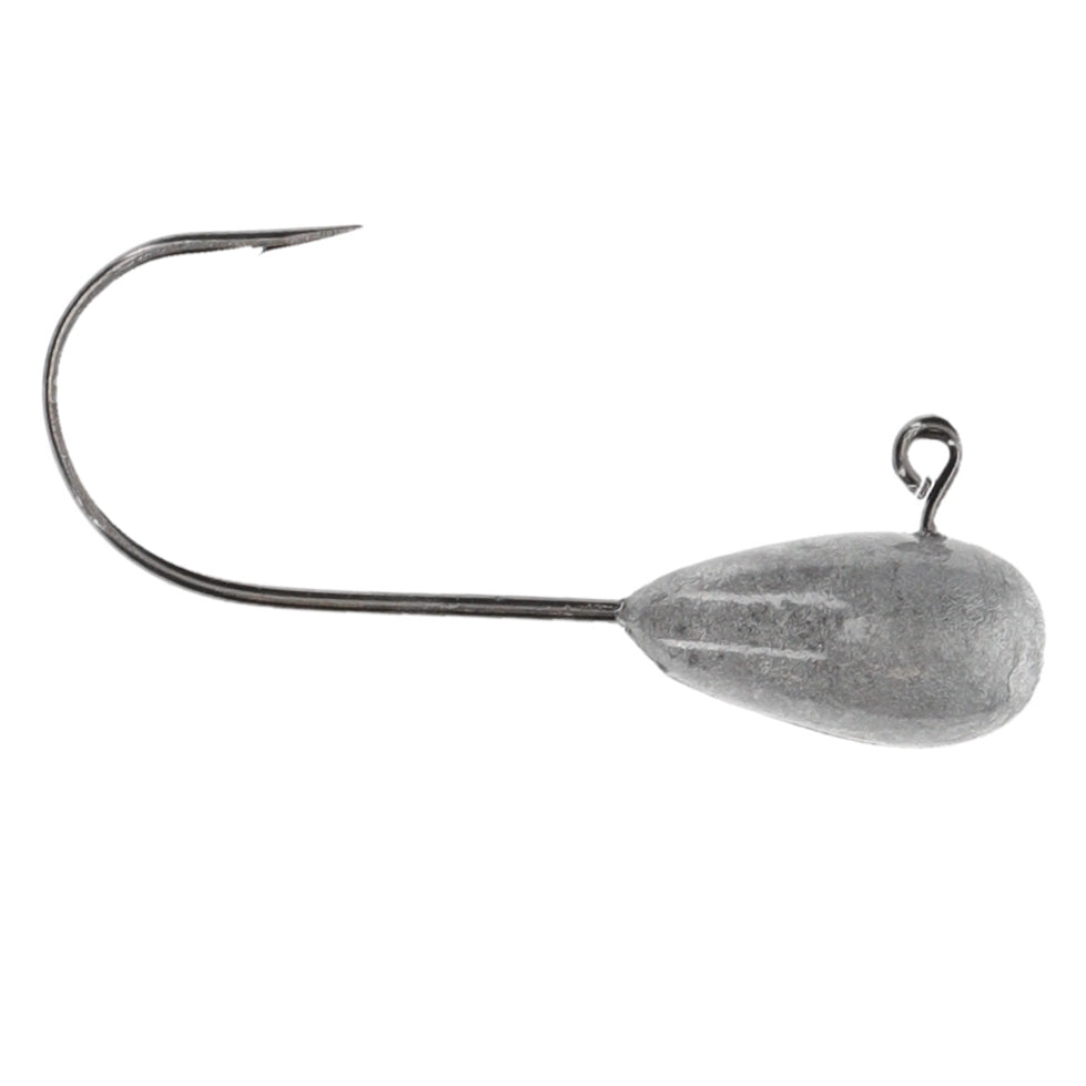 Close-up of a single Strike King Bitsy Crackin' Tube Jig Head with a sharp curved fishing hook and a weighted, smooth, gray metallic body designed for fishing tackle.