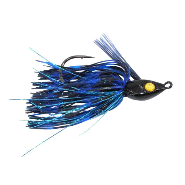 Hayabusa Lil' Schmitty Swim Jig fishing lure with blue and black skirt, detailed head with eye, and single hook designed for effective fishing tackle use.