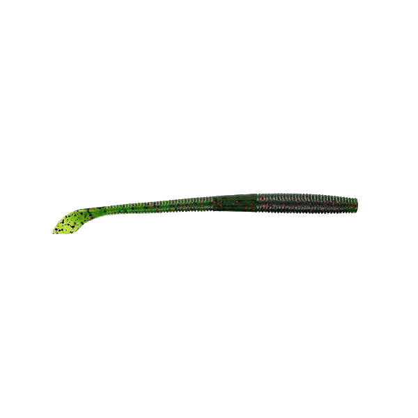 Yamamoto Kut Tail Worm 5" fishing lure in dark green and black with red flecks, designed as a soft plastic worm for fishing tackle enthusiasts.