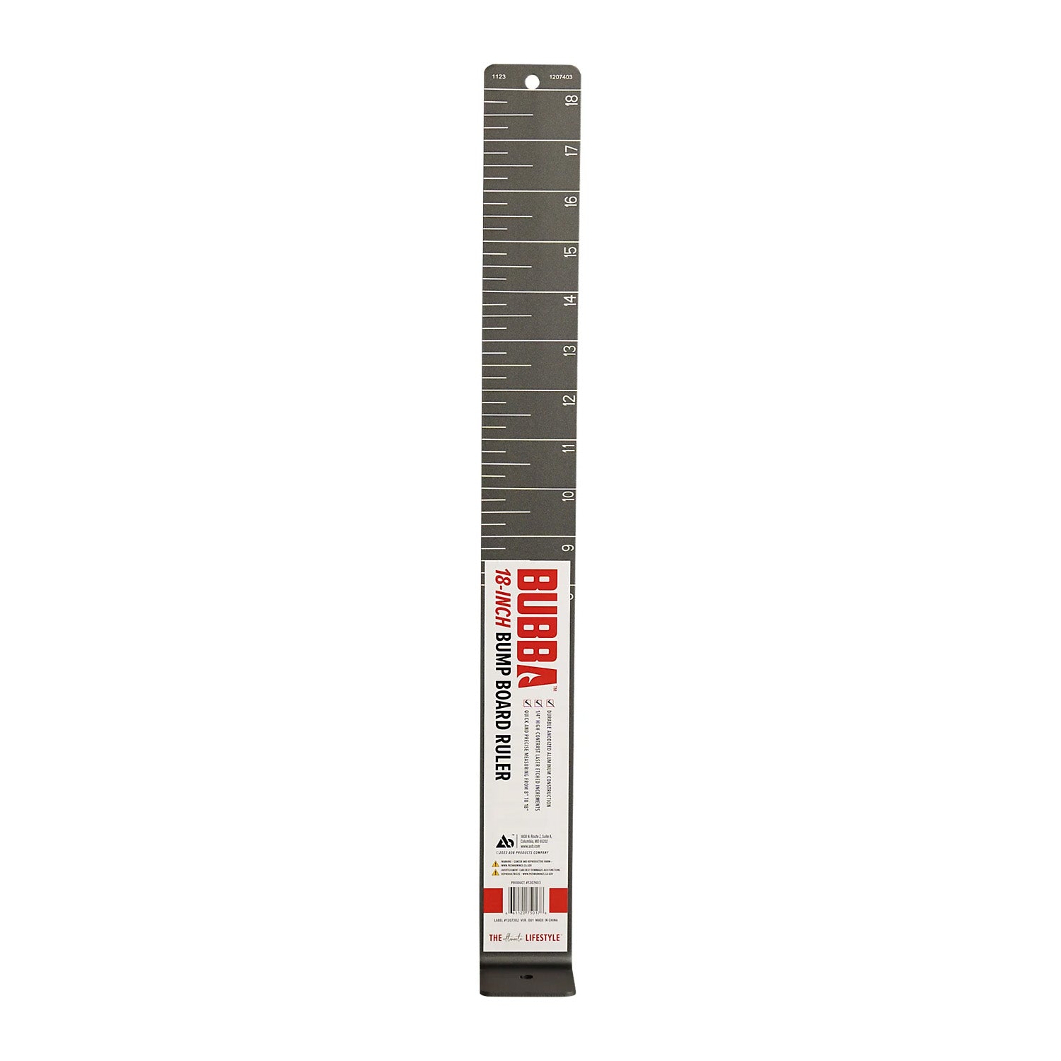 Bubba 18" Bump Board Ruler in black and white with clear inch markings, designed for accurately measuring fish length in fishing tackle and outdoor activities.