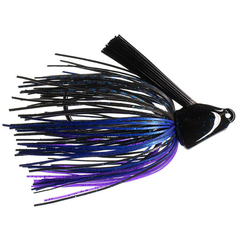 Dirty Jigs No-Jack Punchin' Jig featuring a black, blue, and purple skirt with speckled glitter, designed for fishing tackle applications and musky fishing techniques.