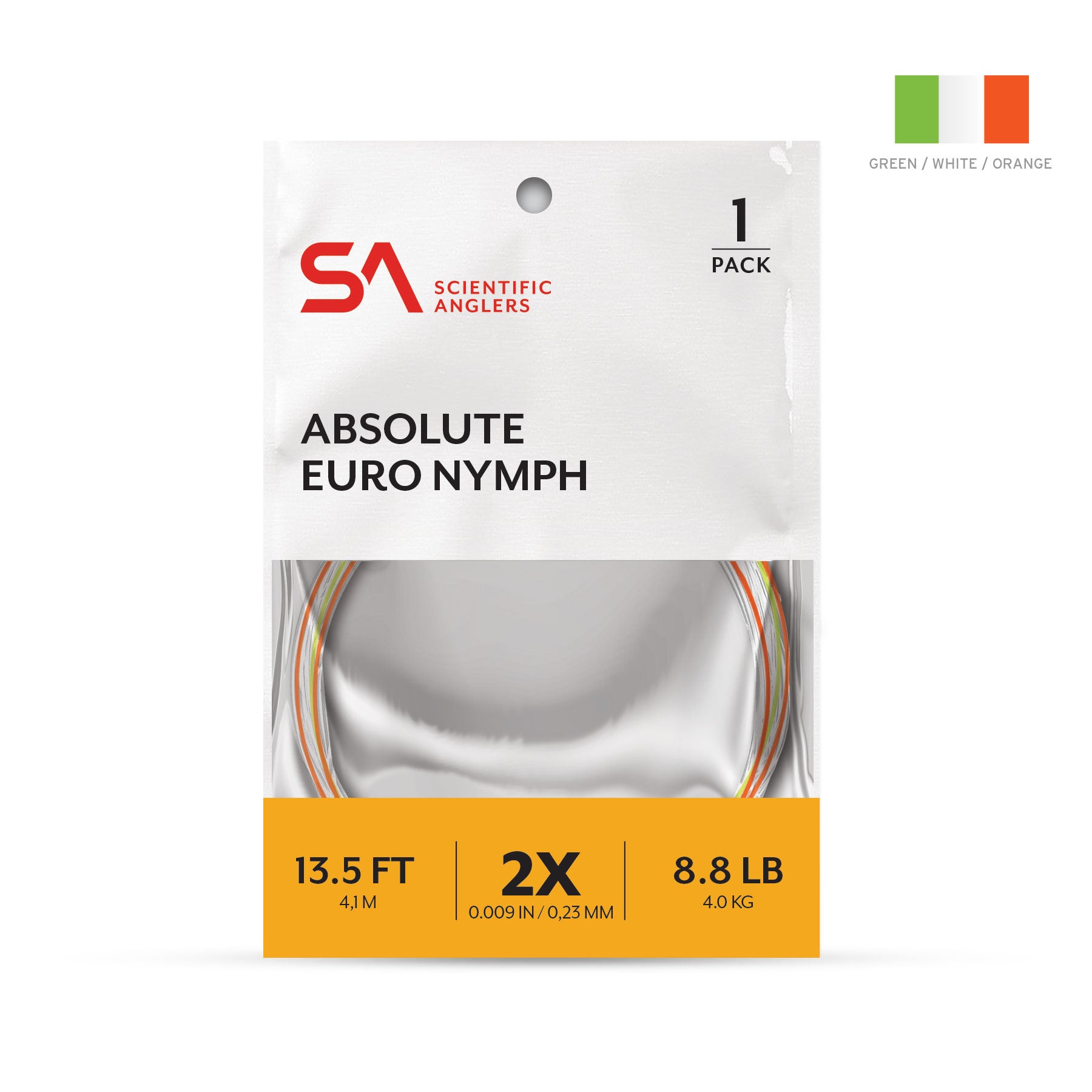 Packaging of Scientific Anglers Absolute Euro Nymph fishing line featuring 13.5 feet length, 2X diameter, and 8.8 pound test strength, designed for precision fly fishing tackle.