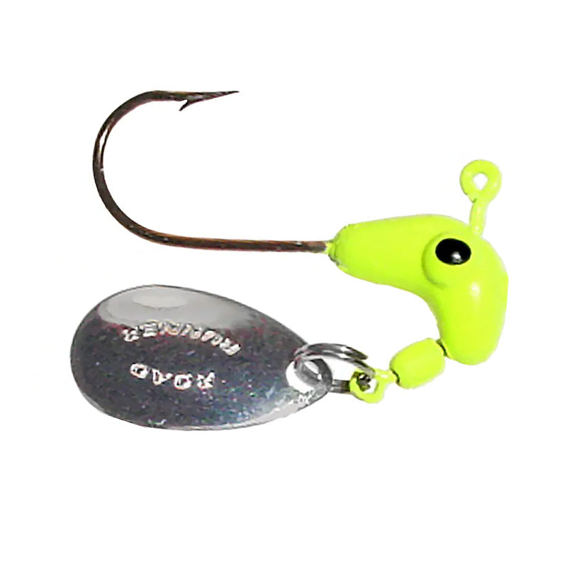 Blakemore Original Road Runner Head fishing lure features a sharp hook with a bright yellow head and an attached shiny silver spinner for effective fishing tackle use.