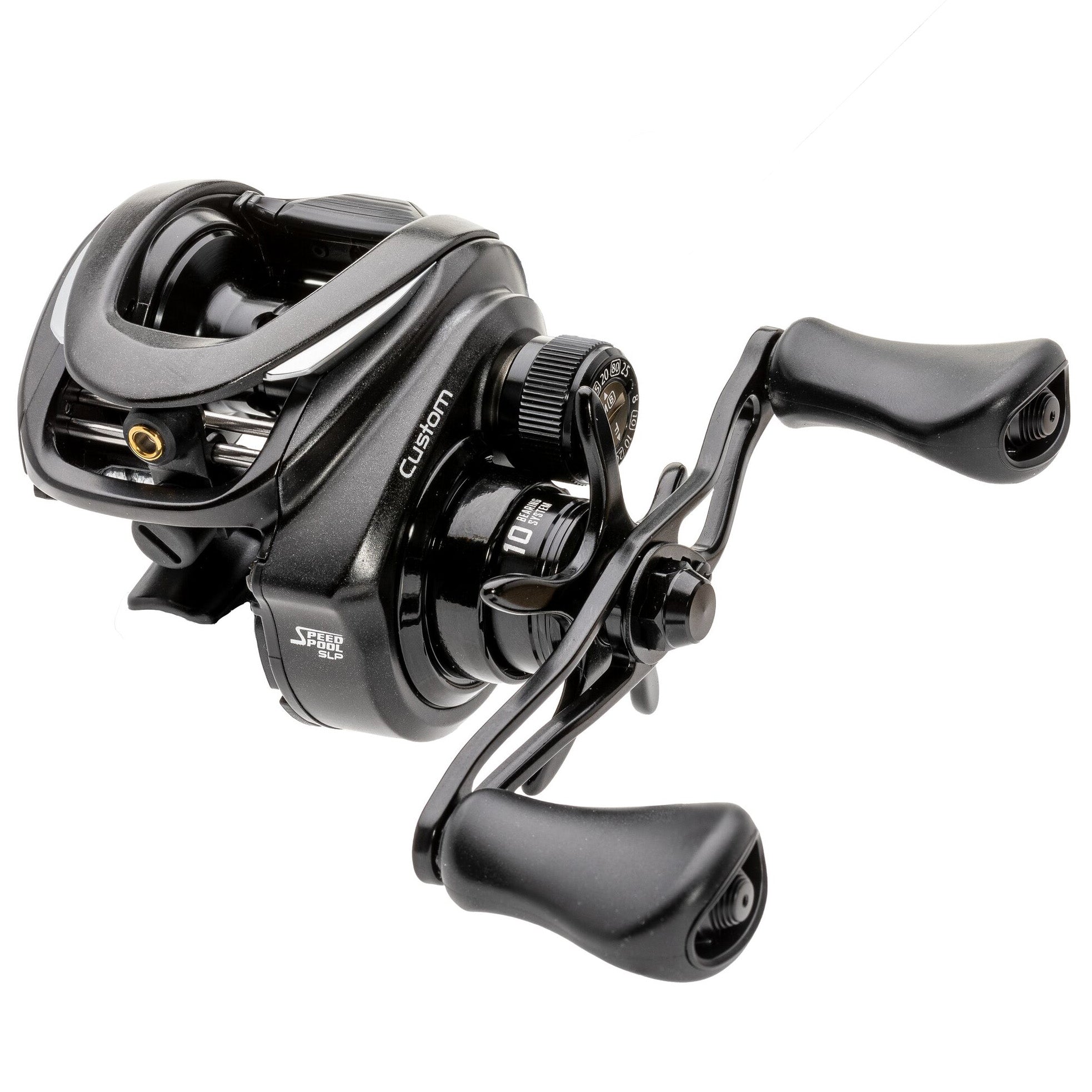 Lew's Custom Casting Reel in black with ergonomic dual handles and precision adjustment knobs designed for smooth, reliable performance in fishing tackle.