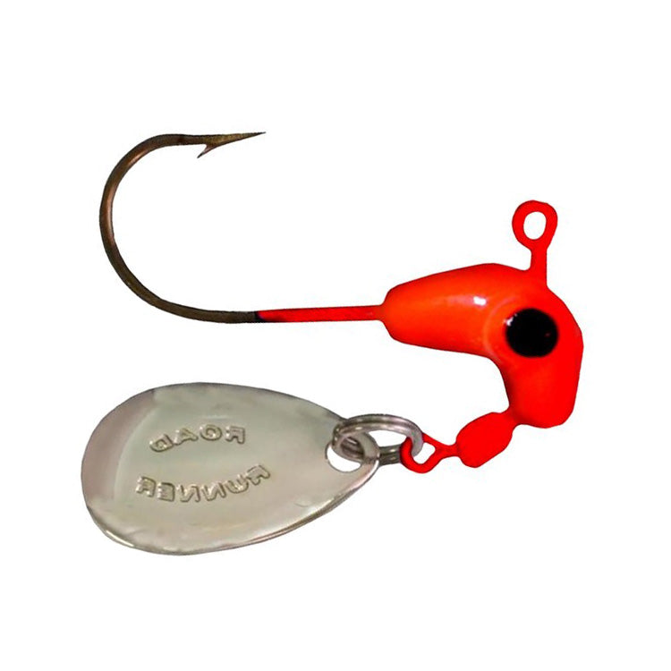Blakemore Original Road Runner Head fishing lure with bright orange head, black eye detail, single sharp hook, and attached silver spinner blade for musky and ice fishing tackle.