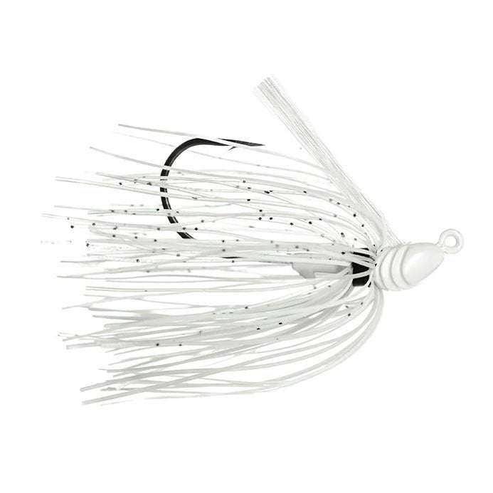Dirty Jigs Weekender Swim Jig in white with black speckles, featuring a metal hook and a skirted design for fishing lure applications.
