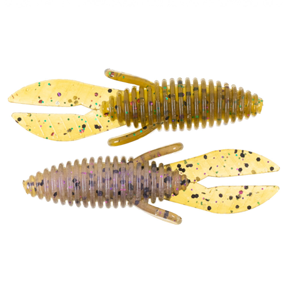 Two soft plastic fishing lures in yellow and translucent purple with black and colored speckles, designed as the Missile Baits Micro D Bomb for fishing tackle.