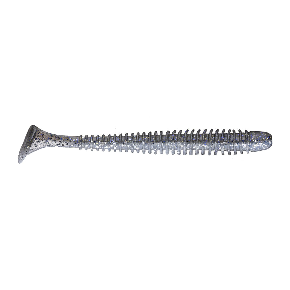 Keitech Swing Impact 3.5" + 4" soft plastic fishing lure in a translucent gray color with black speckles, designed for effective fishing tackle use.