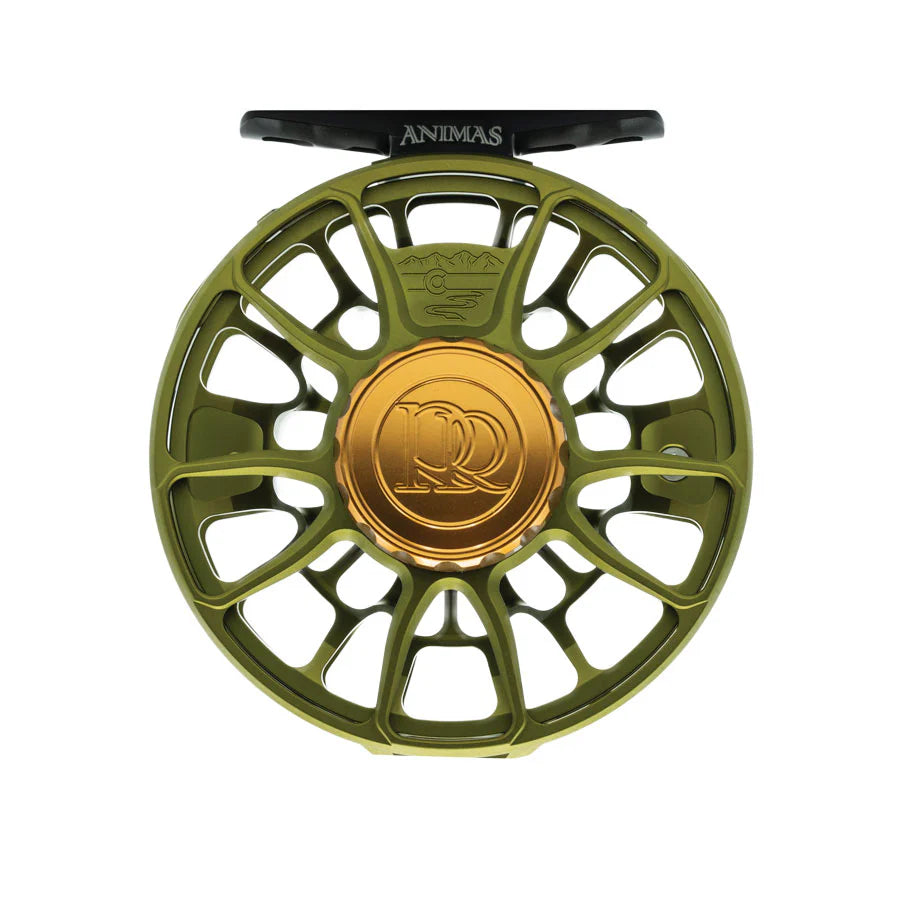 Ross Animas olive green fly fishing reel with gold central emblem, featuring lightweight aluminum construction and precision-machined design for smooth casting performance.