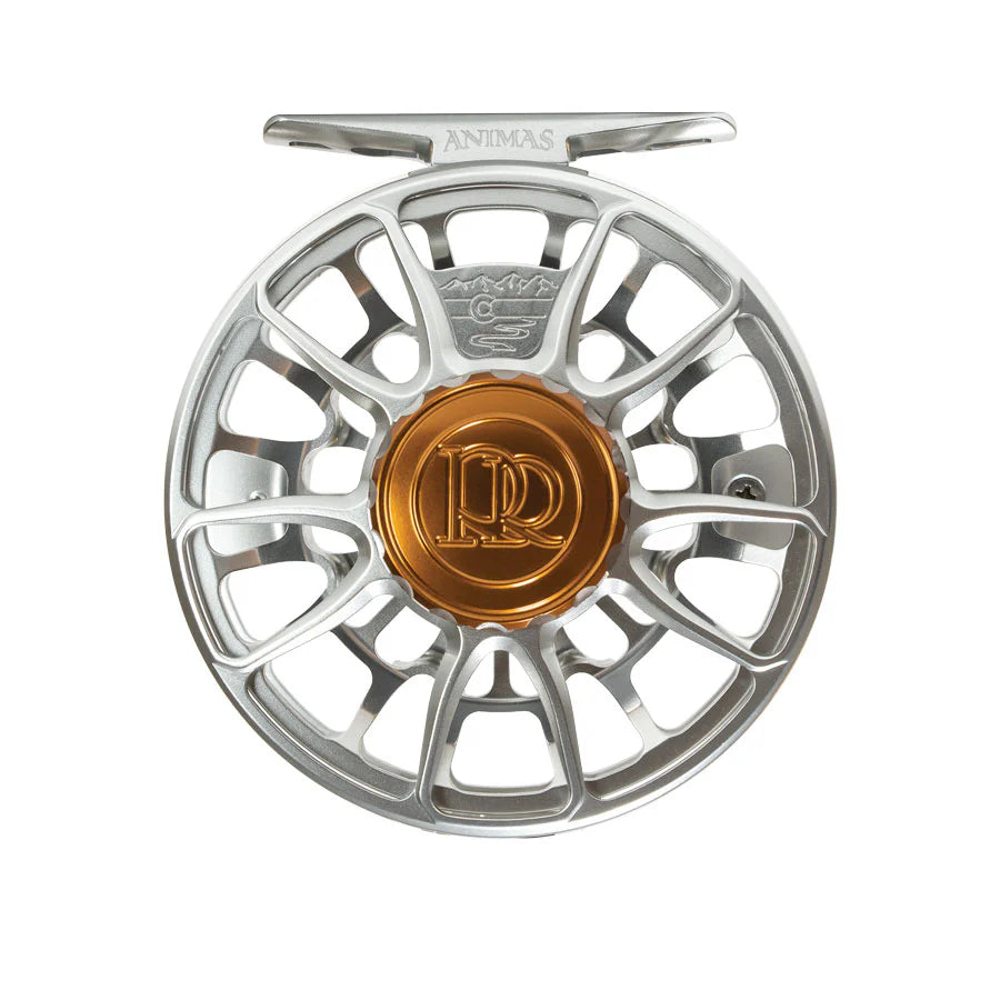 Ross Animas fly fishing reel featuring a silver frame with a gold center, designed for precision and durability in fishing tackle and rods.