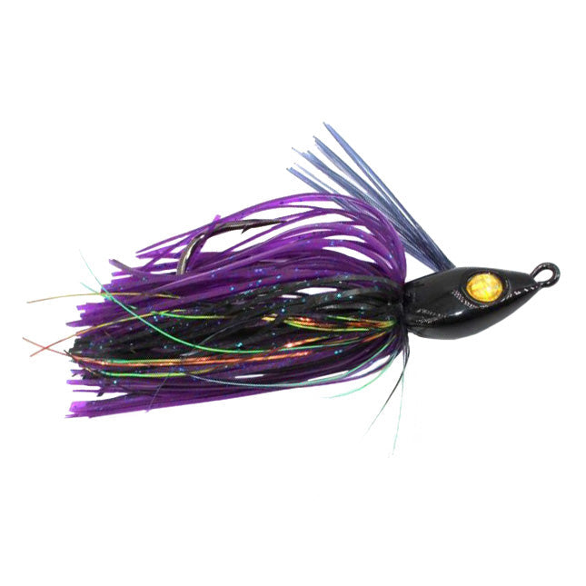 Hayabusa Lil' Schmitty Swim Jig fishing lure with a black and purple skirt, metallic strands, yellow eye detail, and a sharp hook designed for effective fishing tackle use.